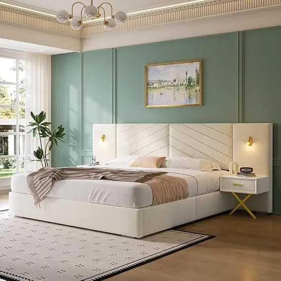 Luxurious King Platform Bed Frame, Velvet Upholstered Headboard with 2 Built-in Wall Sconces & Nightstands, Sturdy Metal & Solid