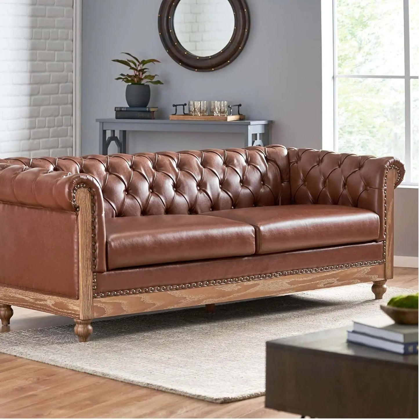 78.75 Upholstered Chesterfield Couch, Modern 3 Seater Sofa with Tufted Back and Square Arms Wood Leg, Nailhead Sofa for Living