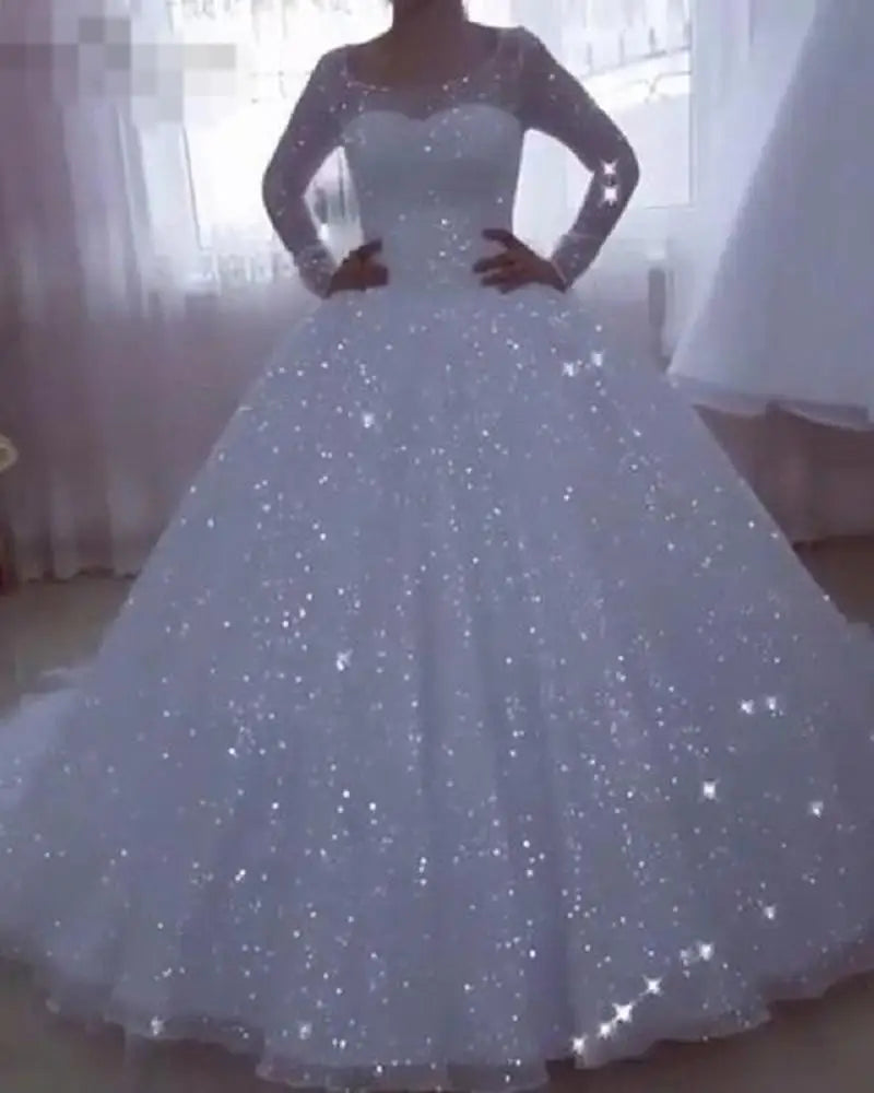 2025 O-neck Glaring Vestido Sparkle Wedding Dresses Ball Gown Long Sleeve Plus Size Princess Bridal Gowns For Women Customized