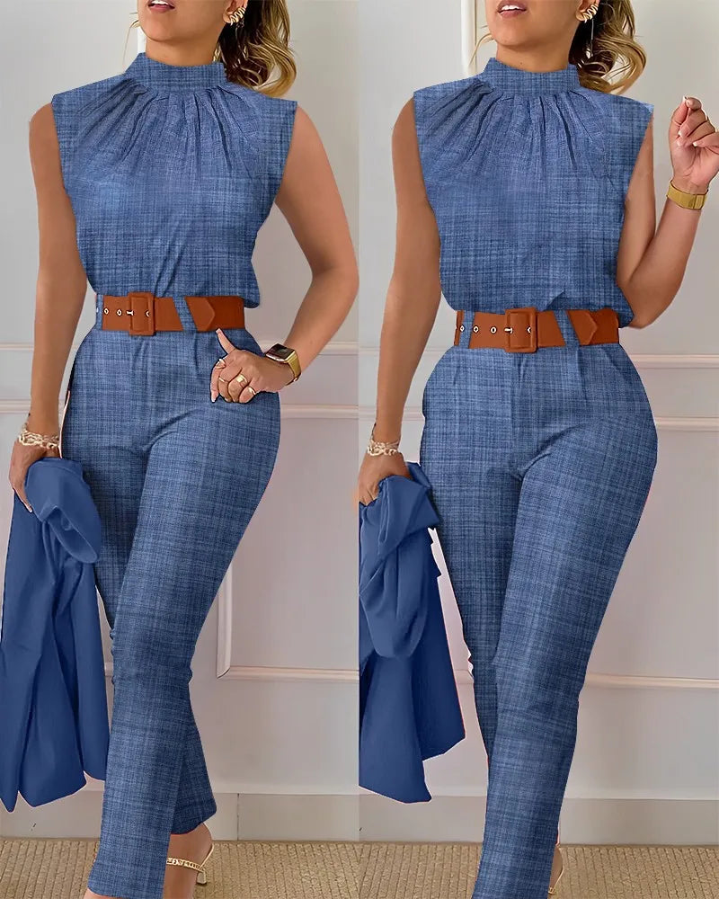 Women's Two Piece Set O Neck Sleeveless Top Pencil Pants Fashion Print With Belt Blouses Tank 2 Piece Set Female Women Clothing