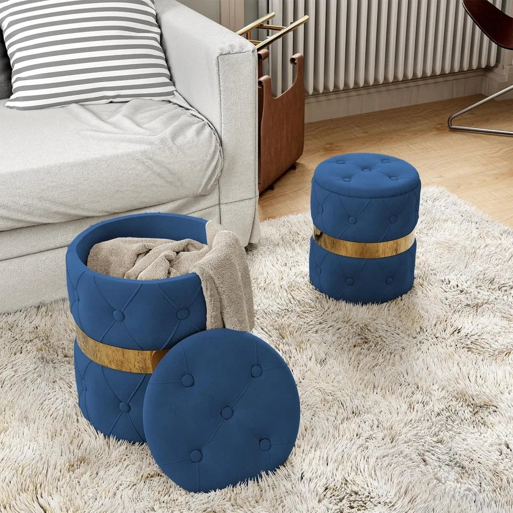 Round Storage Ottoman Set of 2, Fully Assembled Velvet Vanity Stool Chair, for Bedroom, Living Room, Office and Study Room, Blue