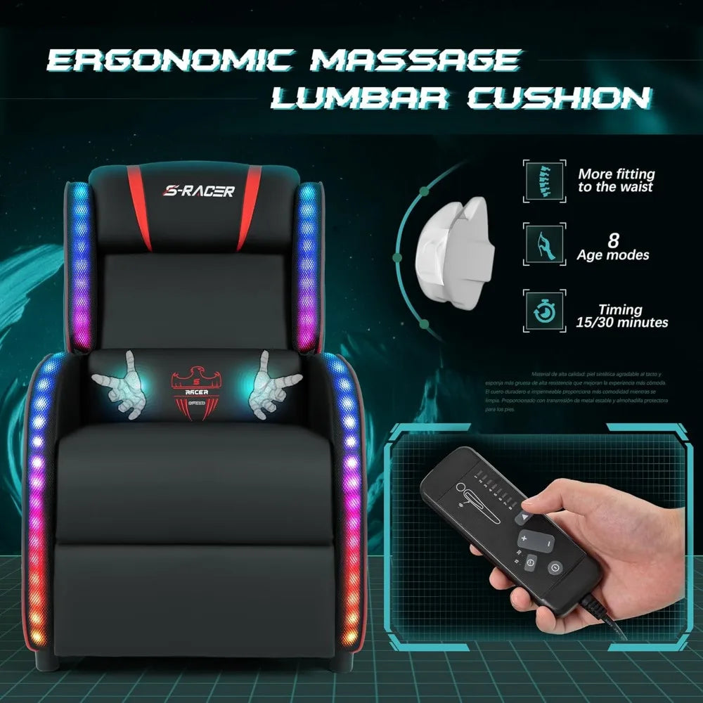 LED Gaming Massage Recliner Chair Racing Style Single Living Room Sofa Comfortable Ergonomic Home Theater Seating(Red)