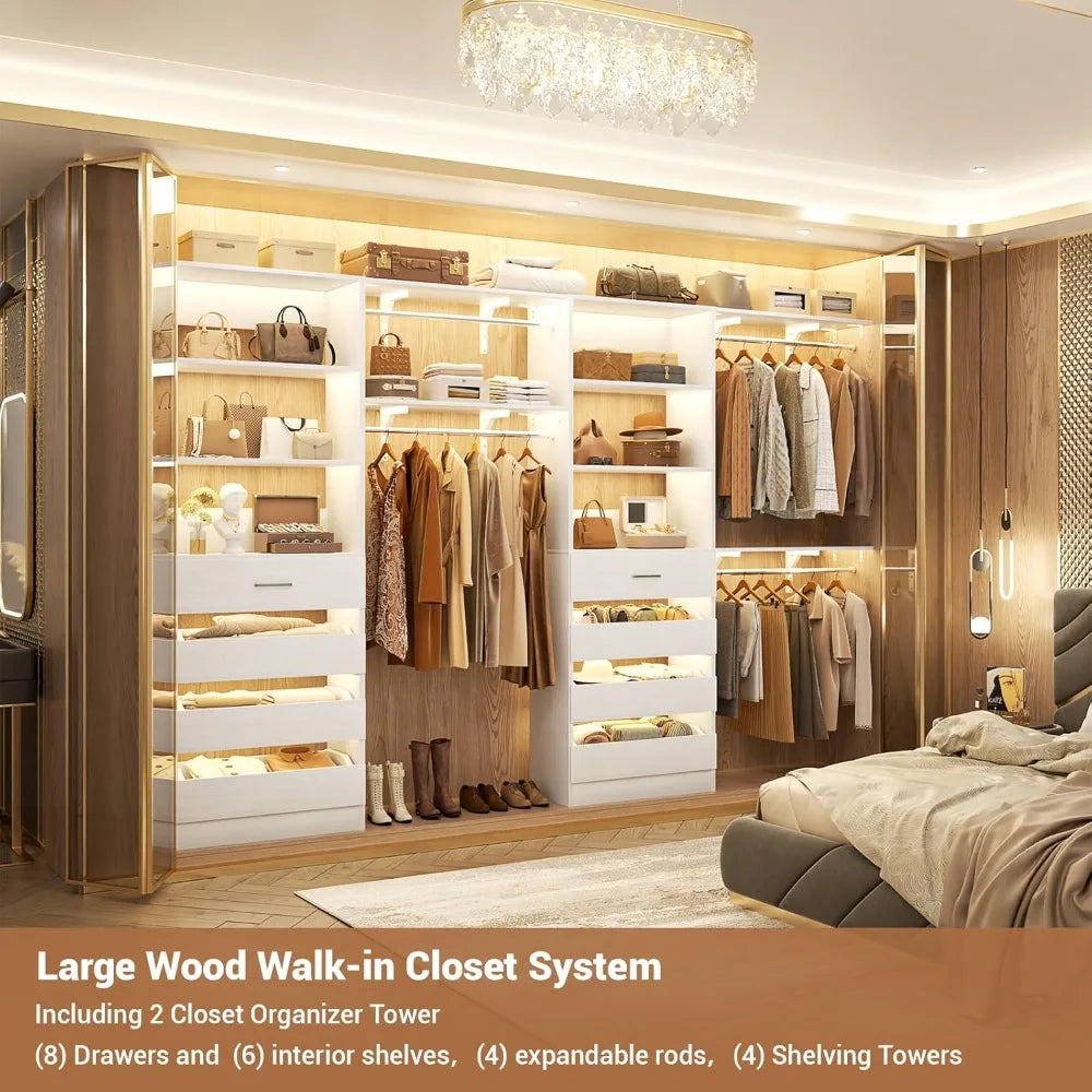 Closet System with 8 Wooden Drawers, Wood Closet Organizer System with Tower, Walk-in Closet Organizer Wardrobe Clothes Rack wi