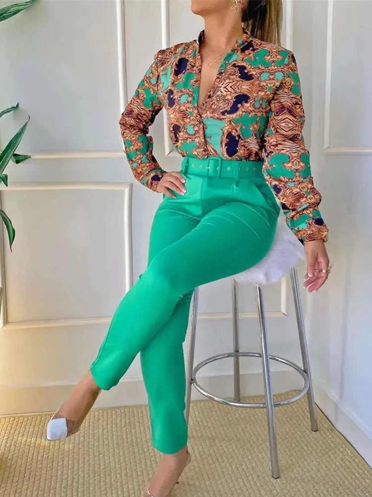 Spring New Printed Long Sleeved Shirt Suit Women's Slim Retro Stand Collar Pocket Small Foot Trousers Two Piece Set With Belt