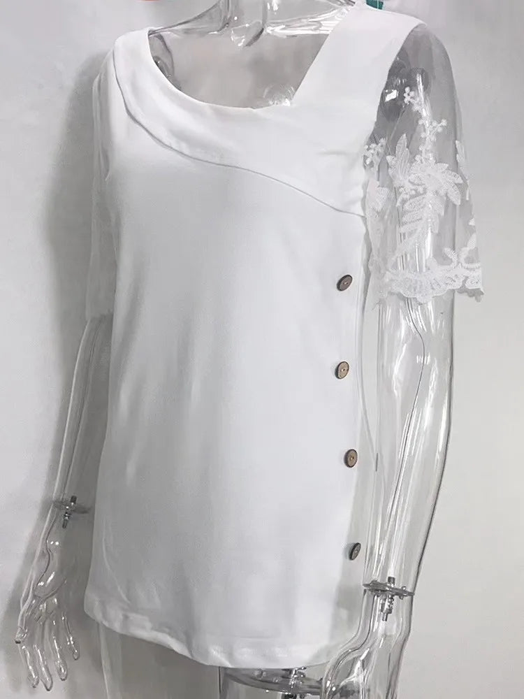 Fashion White Lace Short Sleeve Tops Women T Shirt 2023 Summer Casual Buttons Office T-shirt Tshirt Top Femme