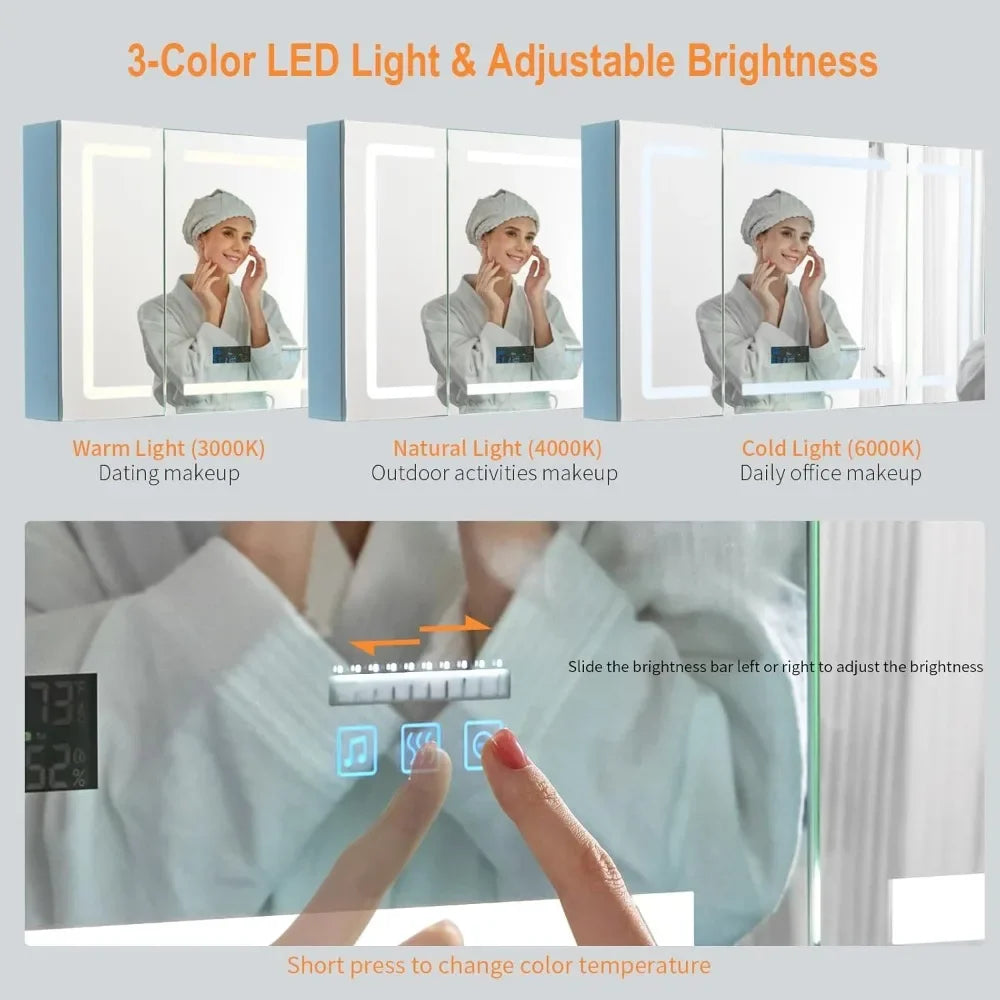 LED Medicine Cabinet with Smart Mirror, 48" Wide Bathroom Medicine Cabinet with Bluetooth& Speaker, Clock, Room Temp Display, D