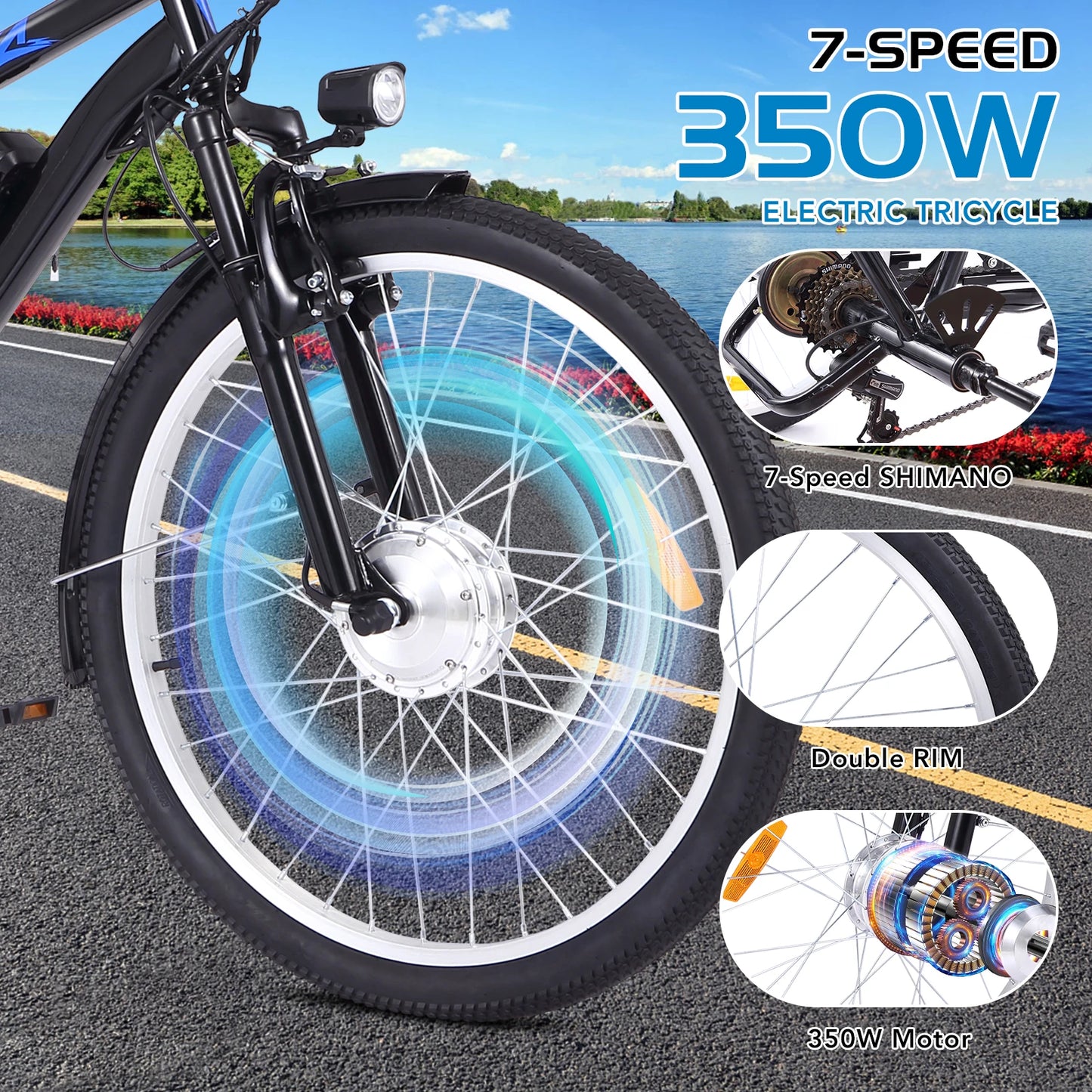 3 Wheel Electric Bicycle for Men Women, 350W Motor Electric Tricycle for Adults, 24" Fat Tire Motorized Bicycle w/ 36V 10Ah Remo