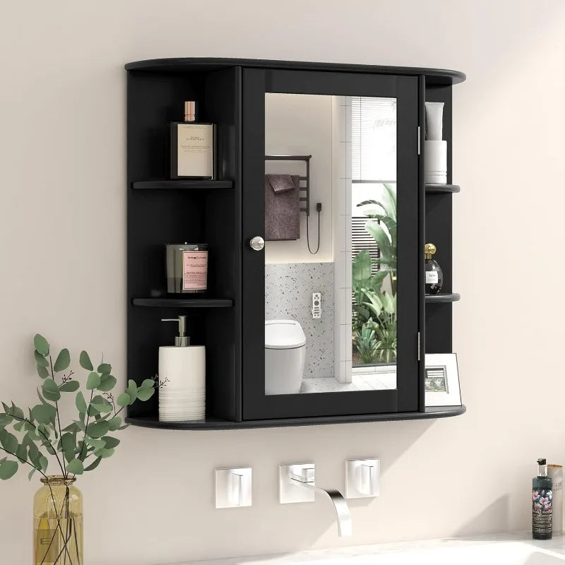 Tangkula Bathroom Medicine Cabinet with Mirror, Wall Mounted Home Storage with Door & 6 Open Shelves, (Black)