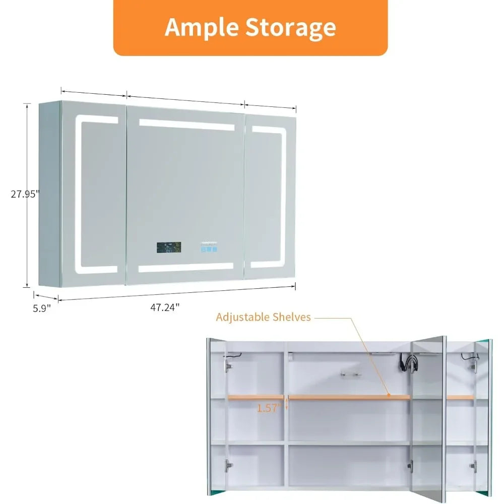 LED Medicine Cabinet with Smart Mirror, 48" Wide Bathroom Medicine Cabinet with Bluetooth& Speaker, Clock, Room Temp Display, D