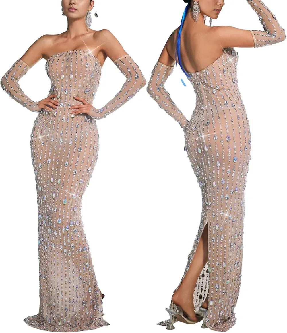 Women's Hot Drilling Craft Sexy Long Sleeve Mesh See Through Sequined Party Club Night Rhinestone Dress
