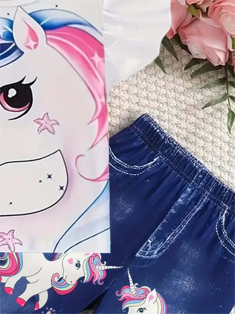 Summer girls fashion trend set, 2-piece peplum cartoon unicorn T-shirt and faux denim print bell bottoms