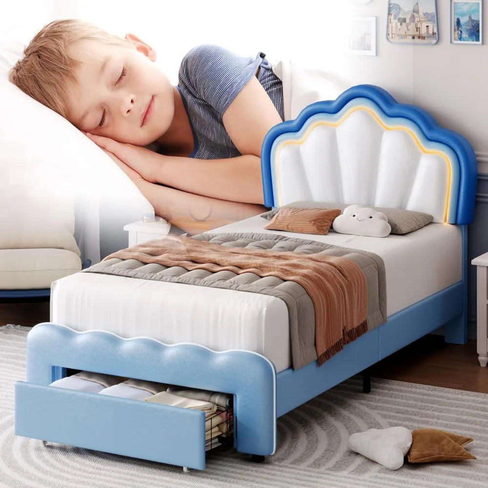 HOSTACK Twin Upholstered LED Bed Frame with Storage Drawers, Cute Boys Bed with Adjustable Lotus Headboard, Faux Leather Platfor