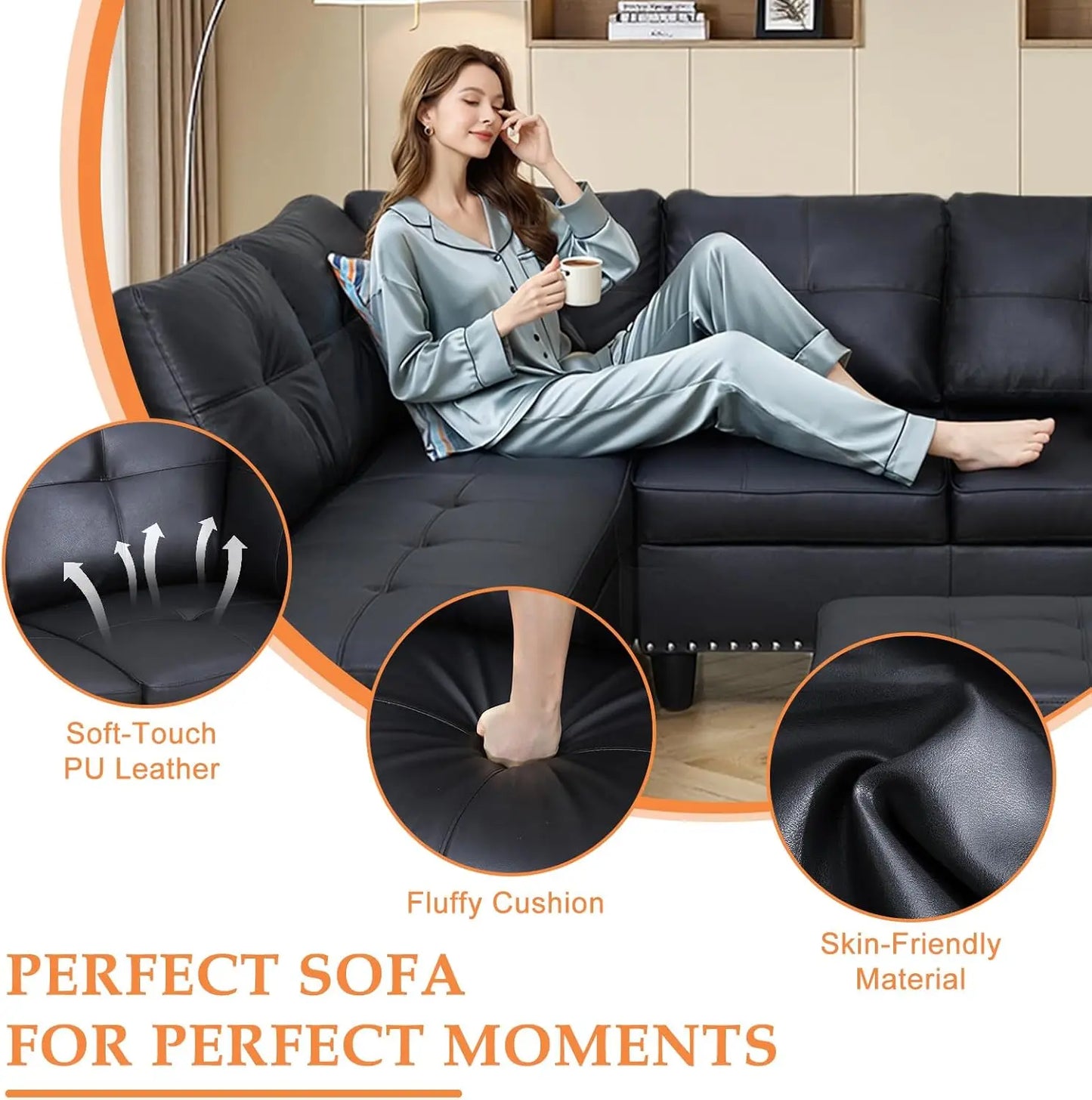 Sectional Sofa Couch, Modern 4-Seaters Living Room Furniture Sets with Chaise Lounge, Ottoman & 2 Pillows | L Shape Couch