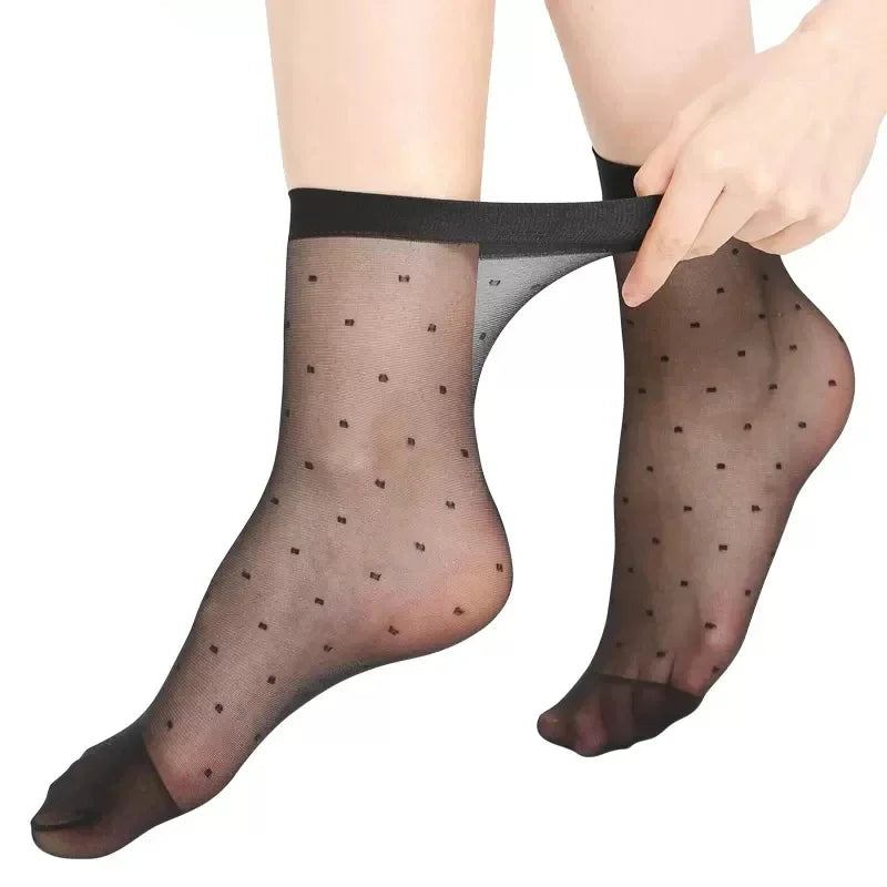 Black Dot Transparent Socks Ultra-thin Elastic Women Crystal Silk Socks Nylon Fashion Ladies Summer Short Ankle Socks