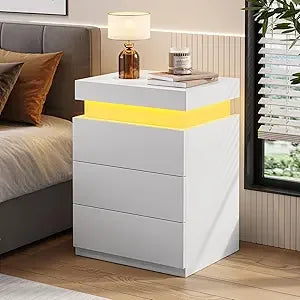 Nightstand with Charging Station and LED Lights, Led Nightstand with Sliding Top, Bedside Table with Drawers, Modern End Table S