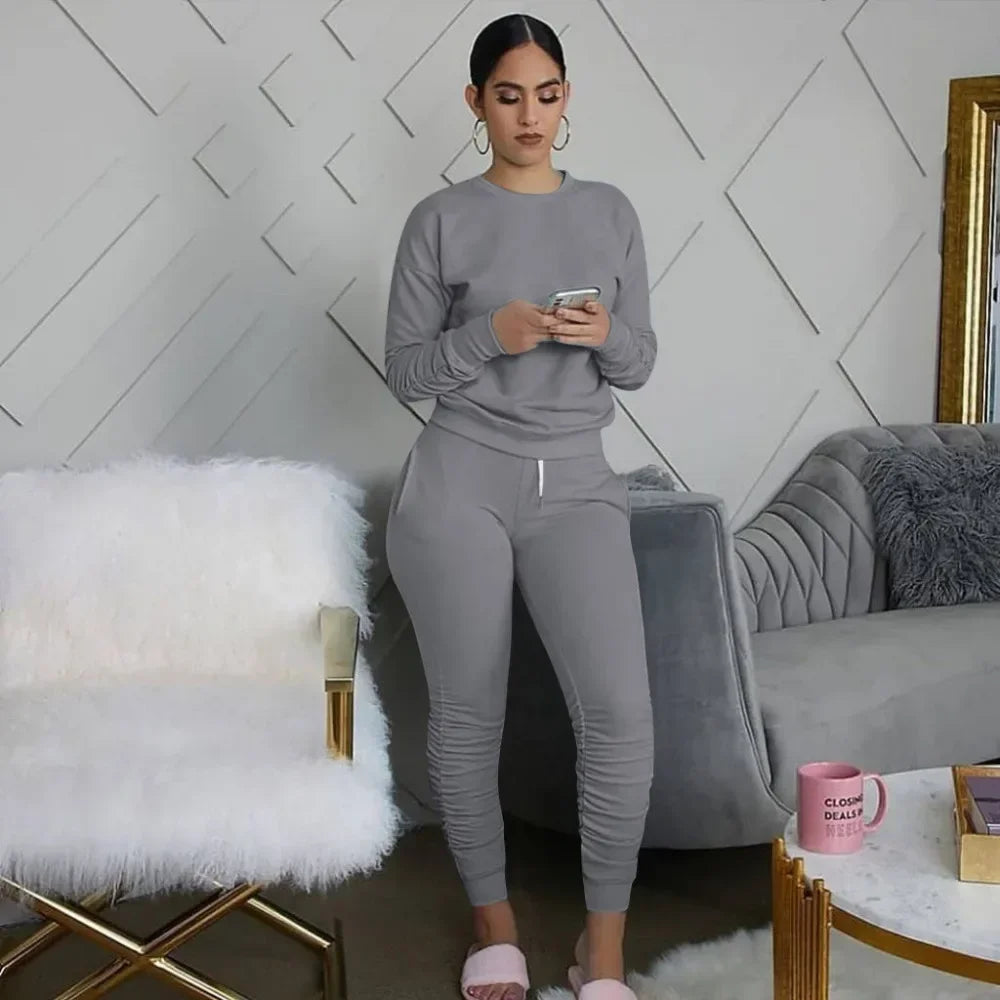 New round Neck Long Sleeve Slim Fit Warm Top Elastic Waistband Lace-up Trousers Simple Solid Color Sports Two-Piece Set
