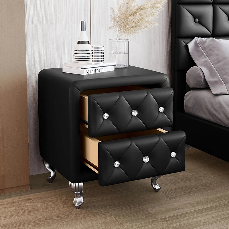 Elegant PU Nightstand with 2 Drawers and Crystal Handle,Fully Assembled Except Legs&Handles,Storage Bedside Table with Metal Leg