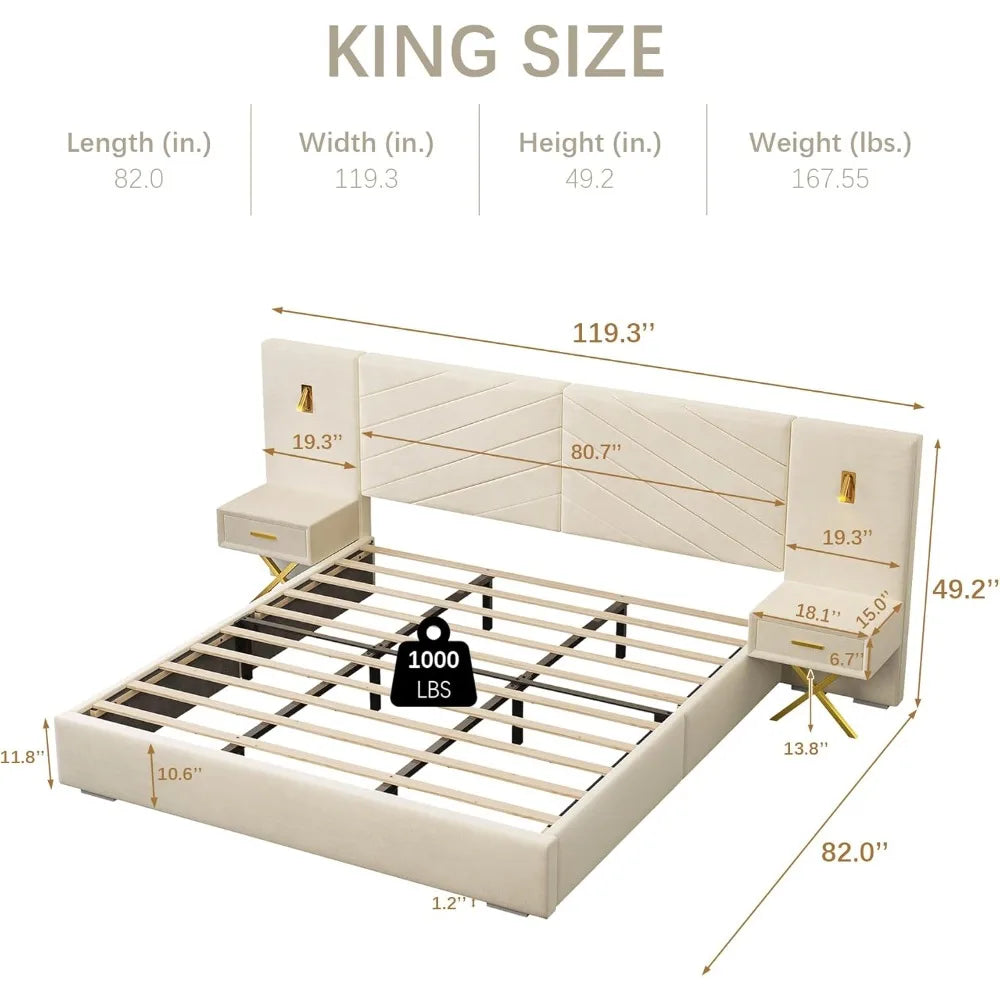 Luxurious King Platform Bed Frame, Velvet Upholstered Headboard with 2 Built-in Wall Sconces & Nightstands, Sturdy Metal & Solid