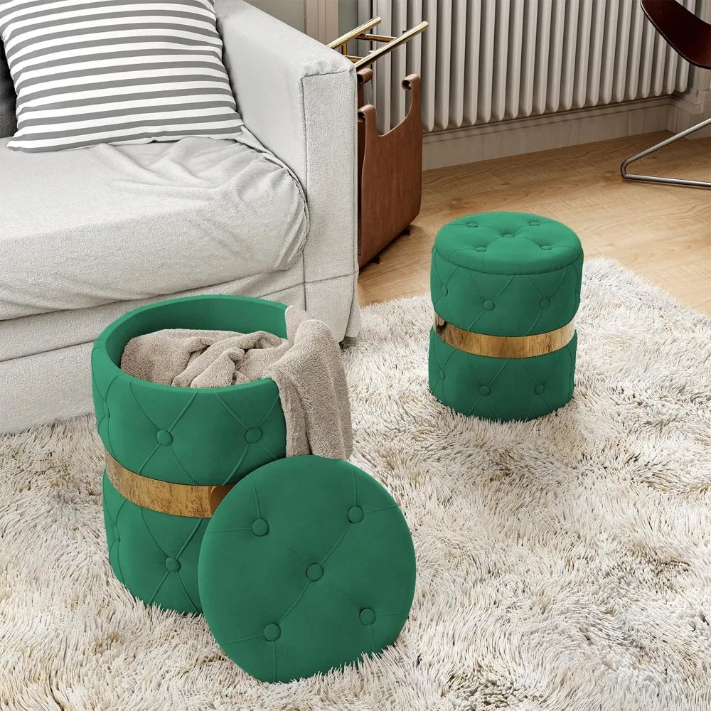 Round Storage Ottoman Set of 2, Fully Assembled Velvet Vanity Stool Chair, for Bedroom, Living Room, Office and Study Room, Blue