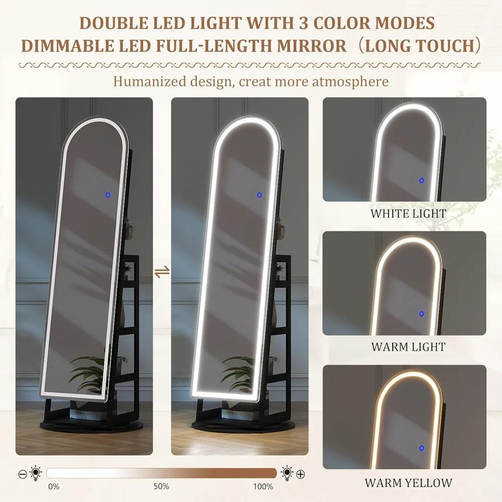 LED Mirror Jewelry Cabinet Standing, Lockable Jewelry Armoire with Arched Full-Length Mirror and Adjustable LED Lights, Space-S