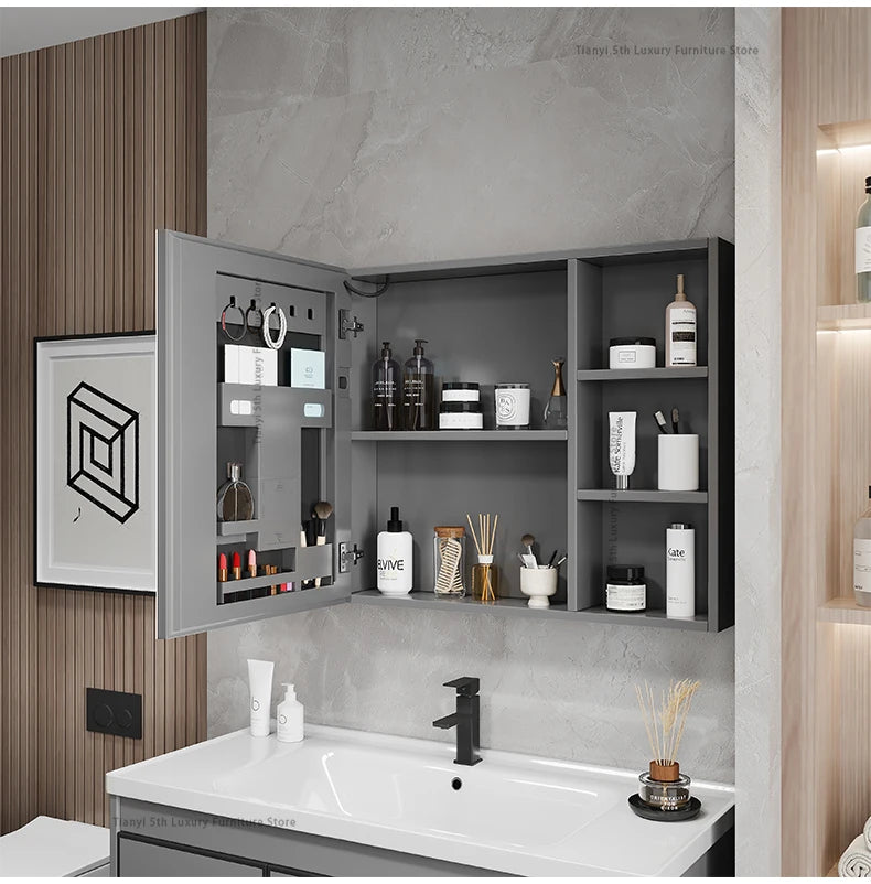 Space Aluminum Bathroom Mirror Wall-mounted Make Up Vanity Storage Mirror Cabinet Shelves Home Furniture Muebles Bano FYBC
