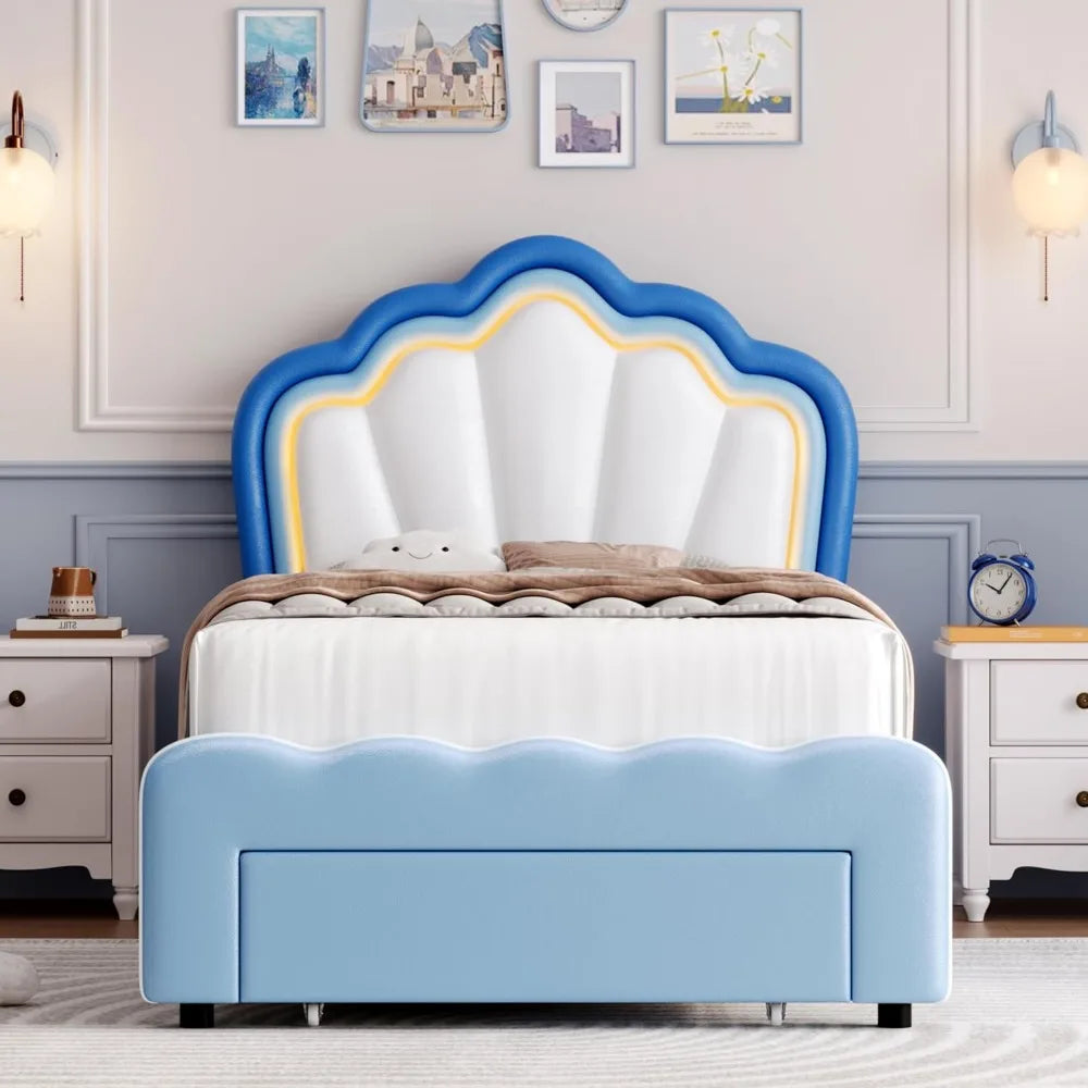 HOSTACK Twin Upholstered LED Bed Frame with Storage Drawers, Cute Boys Bed with Adjustable Lotus Headboard, Faux Leather Platfor