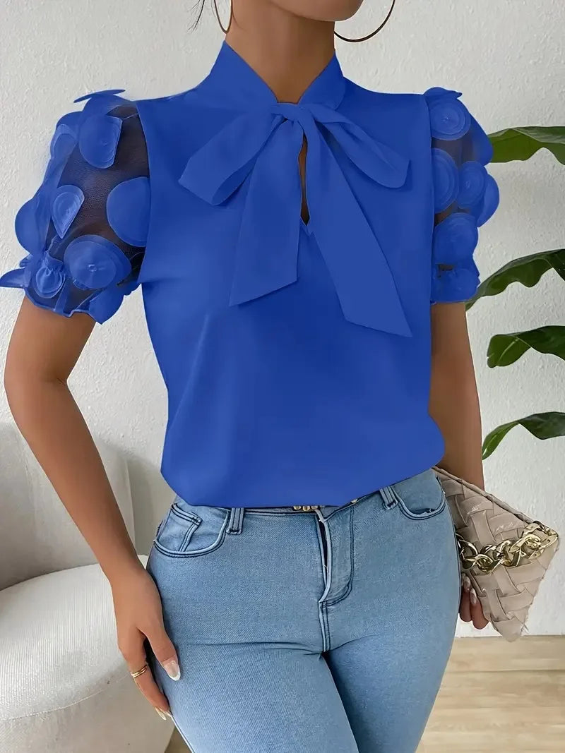 Summer Short Sleeve Blouses For Women 2025 Fashion Loose Bow O-neck White Tops Casual Ladies Shirts Elegant