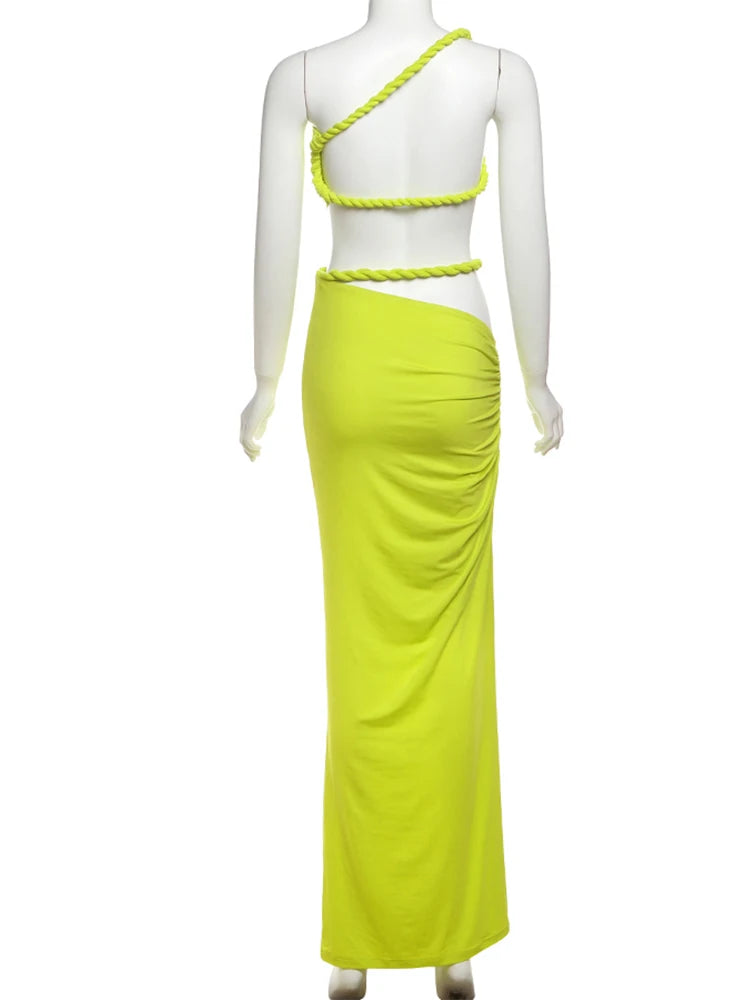 Nibber Temperament Beach Vacation 2 Piece Set Women Irregular Skew Collar Bandage Backless Tops+Ruched Skirts Summer Trend Suit