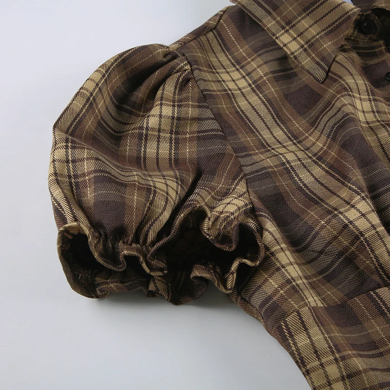BIIKPIIK Vintage Plaid Short Sleeve Casual Shirts Gentle Sweet Turndown Collar Button Frill Puff Sleeve Shirt Spring Summer Tops