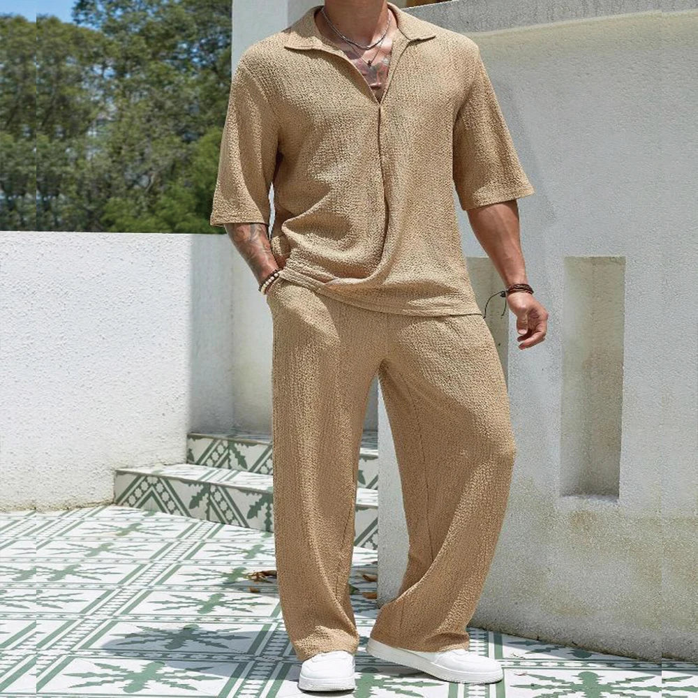 New Spring summer Men's retro casual suit collar solid color half-sleeved shirt loose drawstring pants Two-piece beach Suit