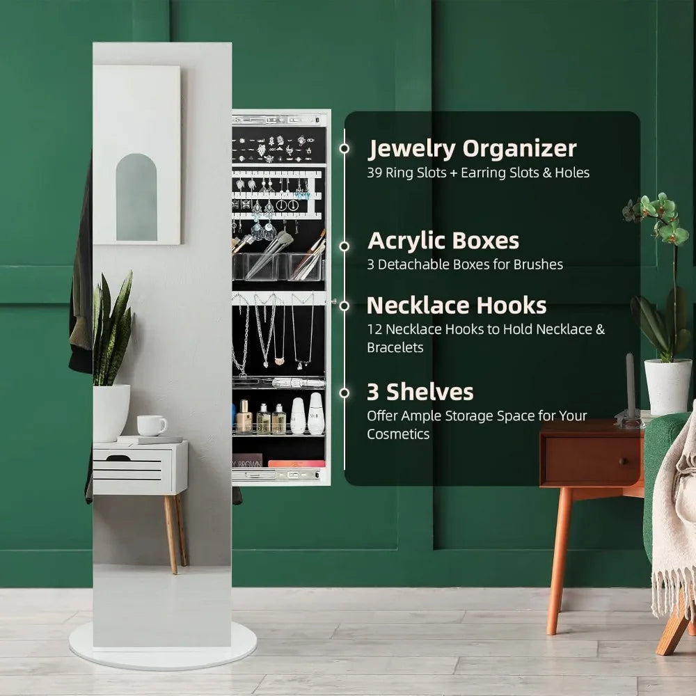 360° Swivel Jewelry Armoire with Full Length Mirror, Slide Jewelry Cabinet Rotating Freestanding Jewelry Organizer with Coat Ra