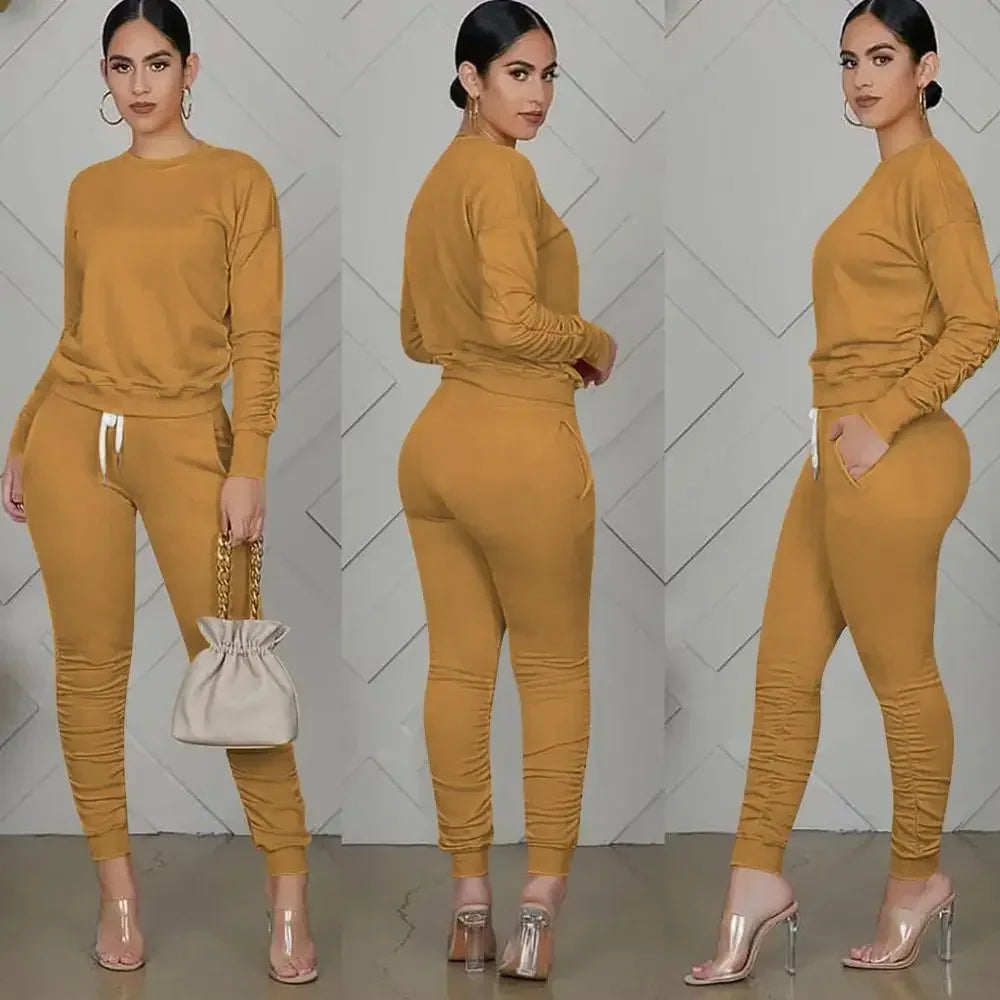 New round Neck Long Sleeve Slim Fit Warm Top Elastic Waistband Lace-up Trousers Simple Solid Color Sports Two-Piece Set