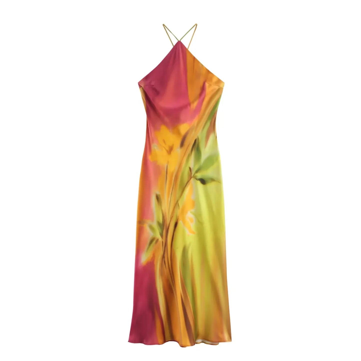 TRAF Women's Dress 2024 Print Halter Midi Dresses Summer Tie Dye Long Dresses For Women Backless Sexy Satin Holiday Dresses