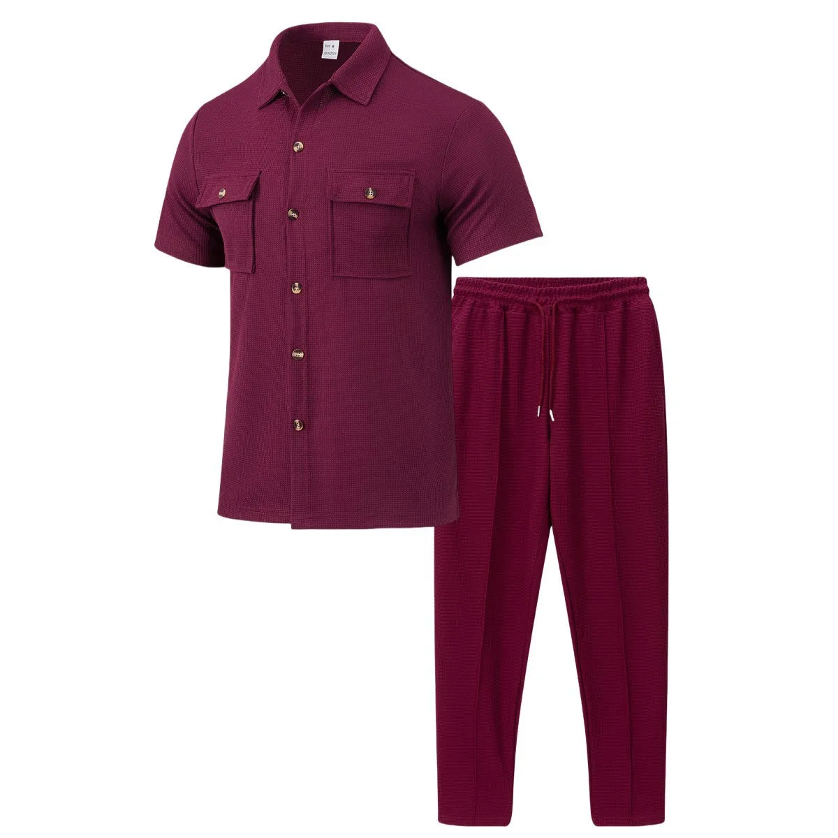 2025 New solid color button pocket shirt short sleeve trousers waffle check two-piece set, outdoor travel set spring and summer
