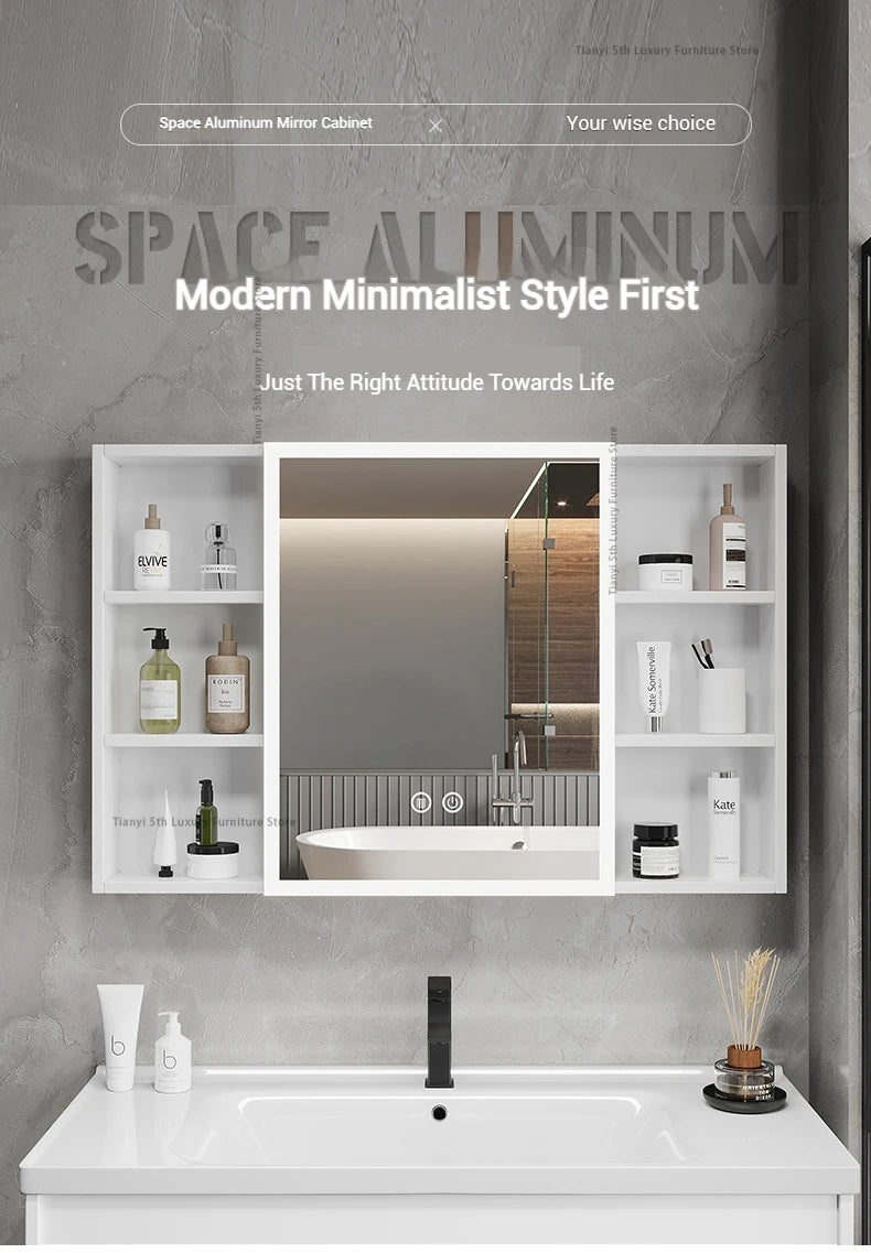 Space Aluminum Bathroom Mirror Wall-mounted Make Up Vanity Storage Mirror Cabinet Shelves Home Furniture Muebles Bano FYBC
