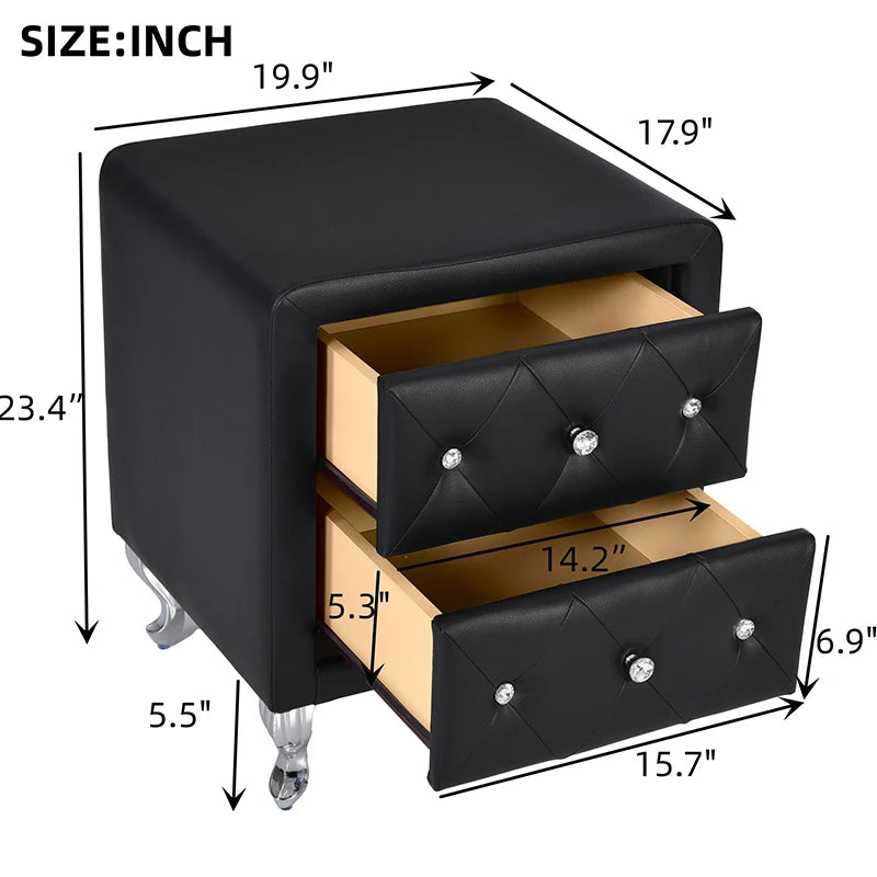 Elegant PU Nightstand with 2 Drawers and Crystal Handle,Fully Assembled Except Legs&Handles,Storage Bedside Table with Metal Leg