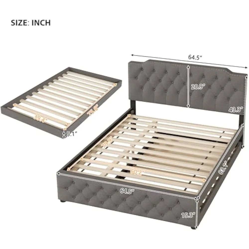 Queen Size Upholstered Platform Bed, Solid Wood Bedframe Linen Fabric with Twin Size Trundle and 2 Sets of USB Ports, Wooden Que