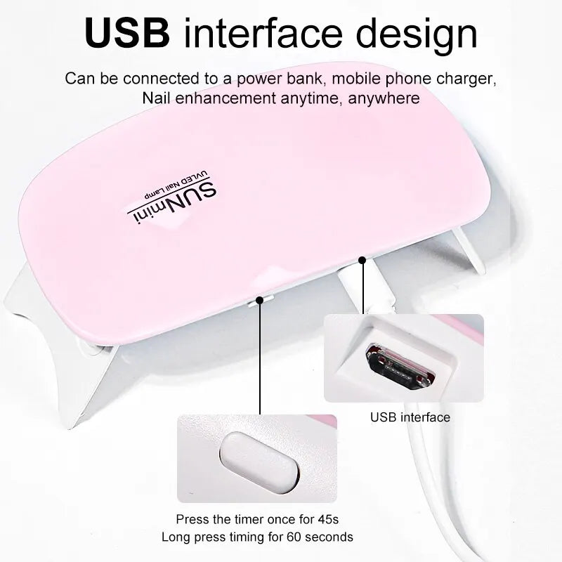 6W Mini Nail Dryer Machine Portable 6 LED UV Manicure Lamp Home With USB Cable