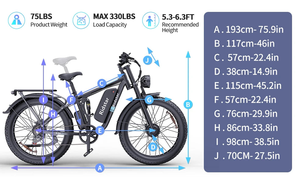 Ridstar 2000W Electric Bike 26 Inch Fat Tire Adult Ebike 48V 23AH Battery Dual Motor Off-Road All Terrain Electric Bicycle EMTB