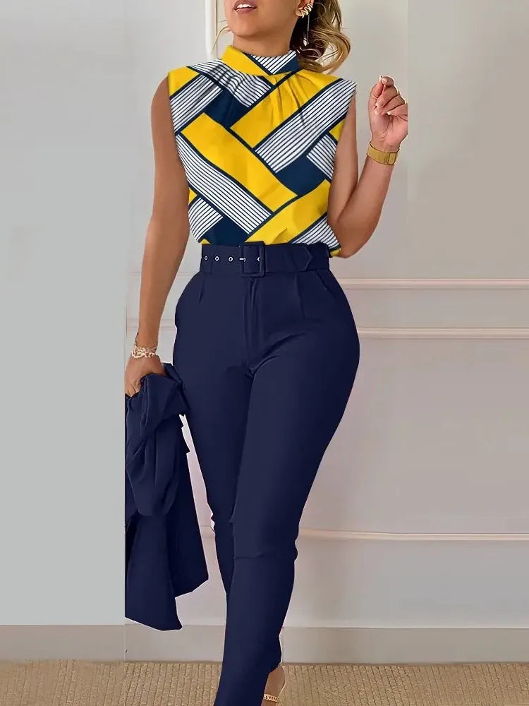 Women's Two Piece Set O Neck Sleeveless Top Pencil Pants Fashion Print With Belt Blouses Tank 2 Piece Set Female Women Clothing