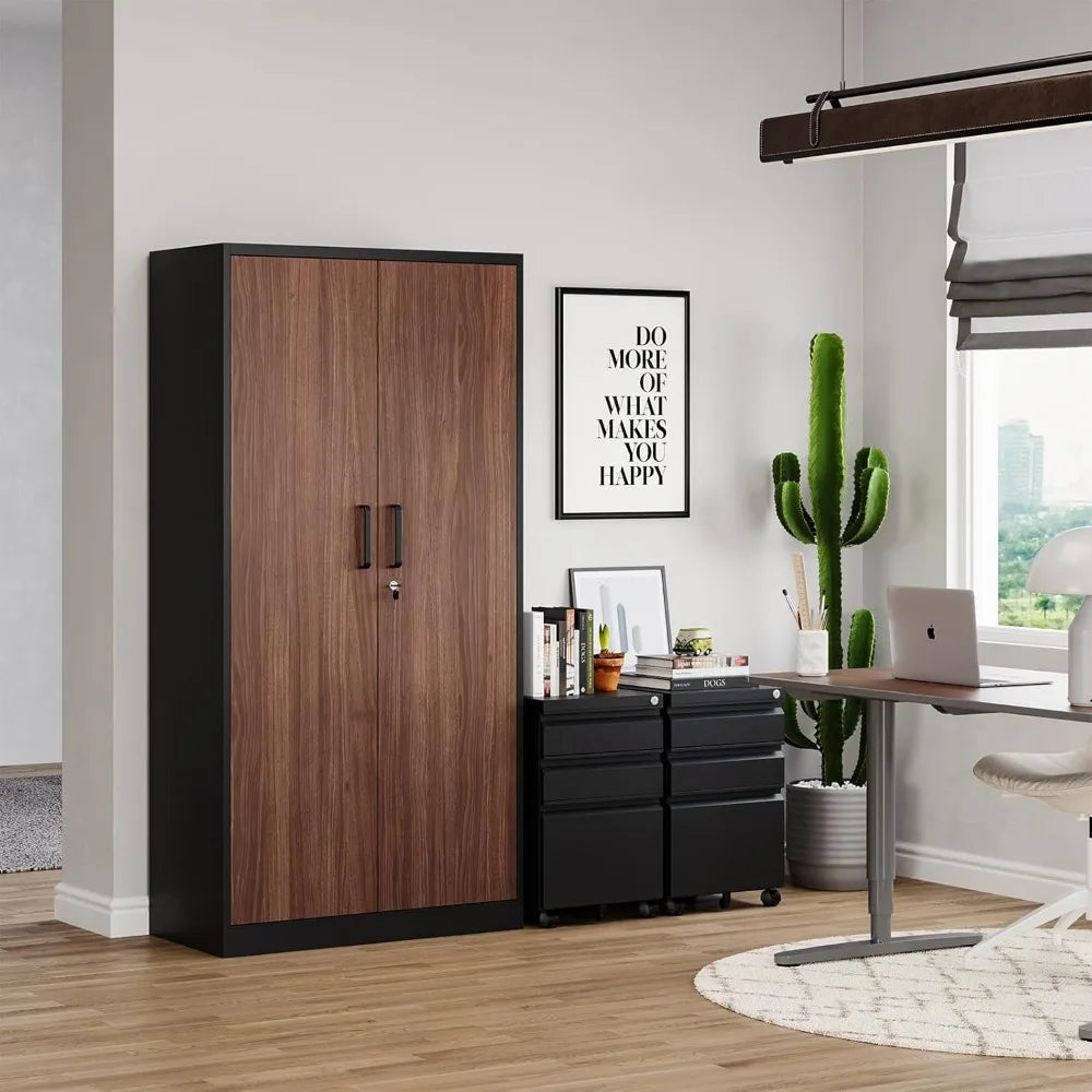 Metal Wardrobe Cabinet with Locking Doors, Metal Storage Armoire Closet for Clothing, 2 Door Woodgrain Locker Cabinet with Adju