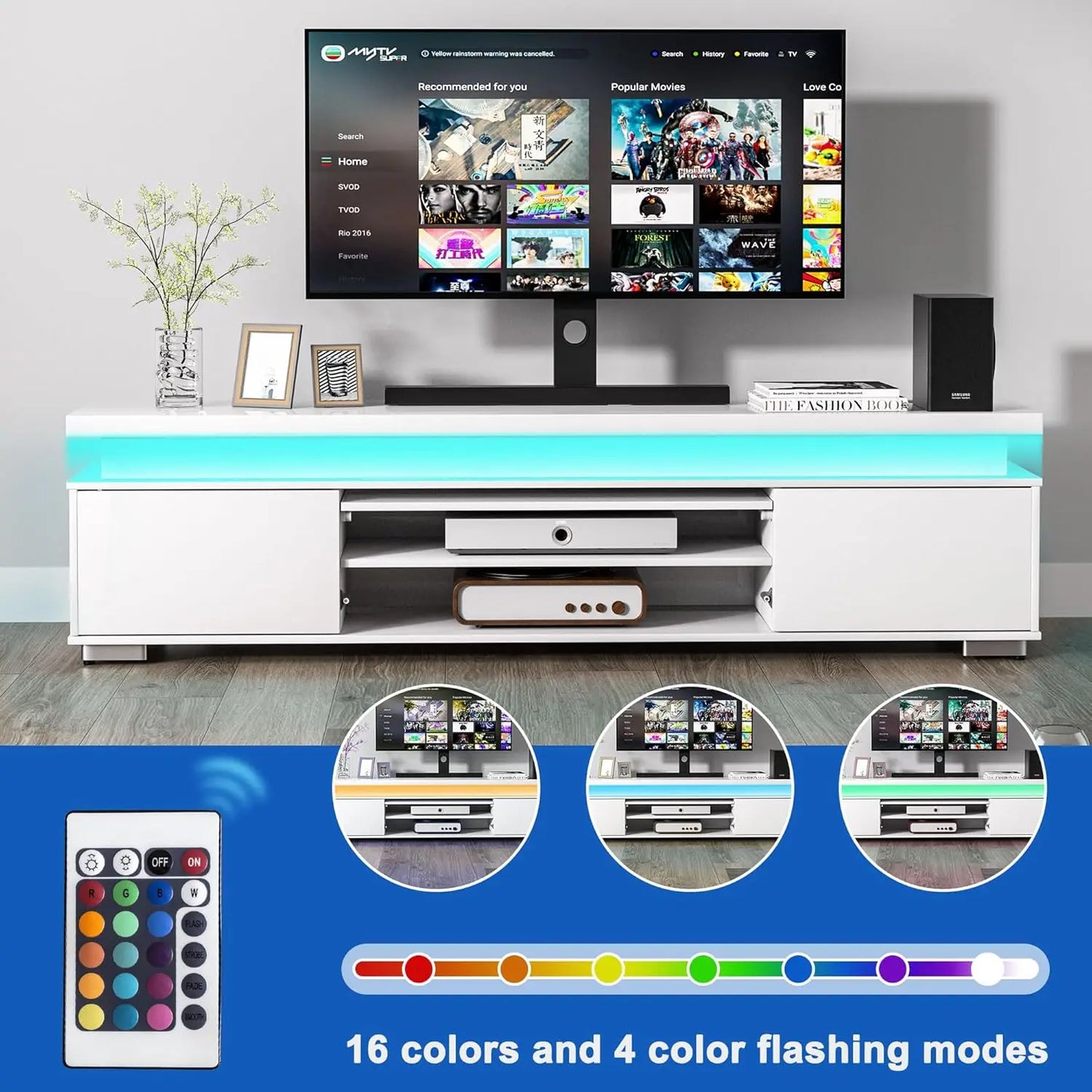 Low TV Stand, 80" TV, LED Lights, Entertainment Center, Storage, Power Outlet, High Gloss White, for Living Room & Bedroom