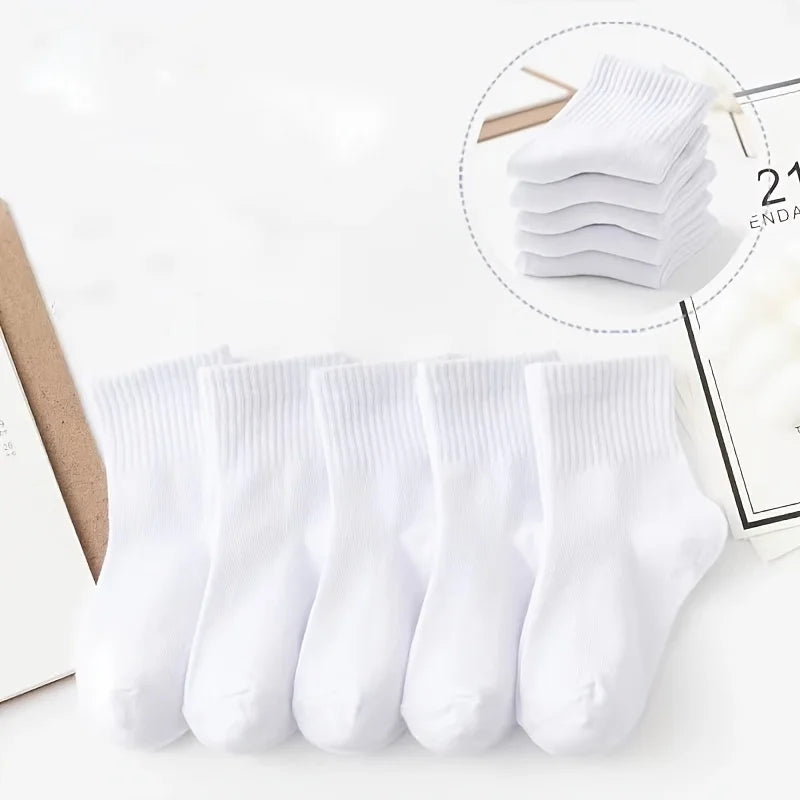 5-piece set of children's black and white solid color mid-calf socks - breathable polyester blend, ribbed texture, comfortable f