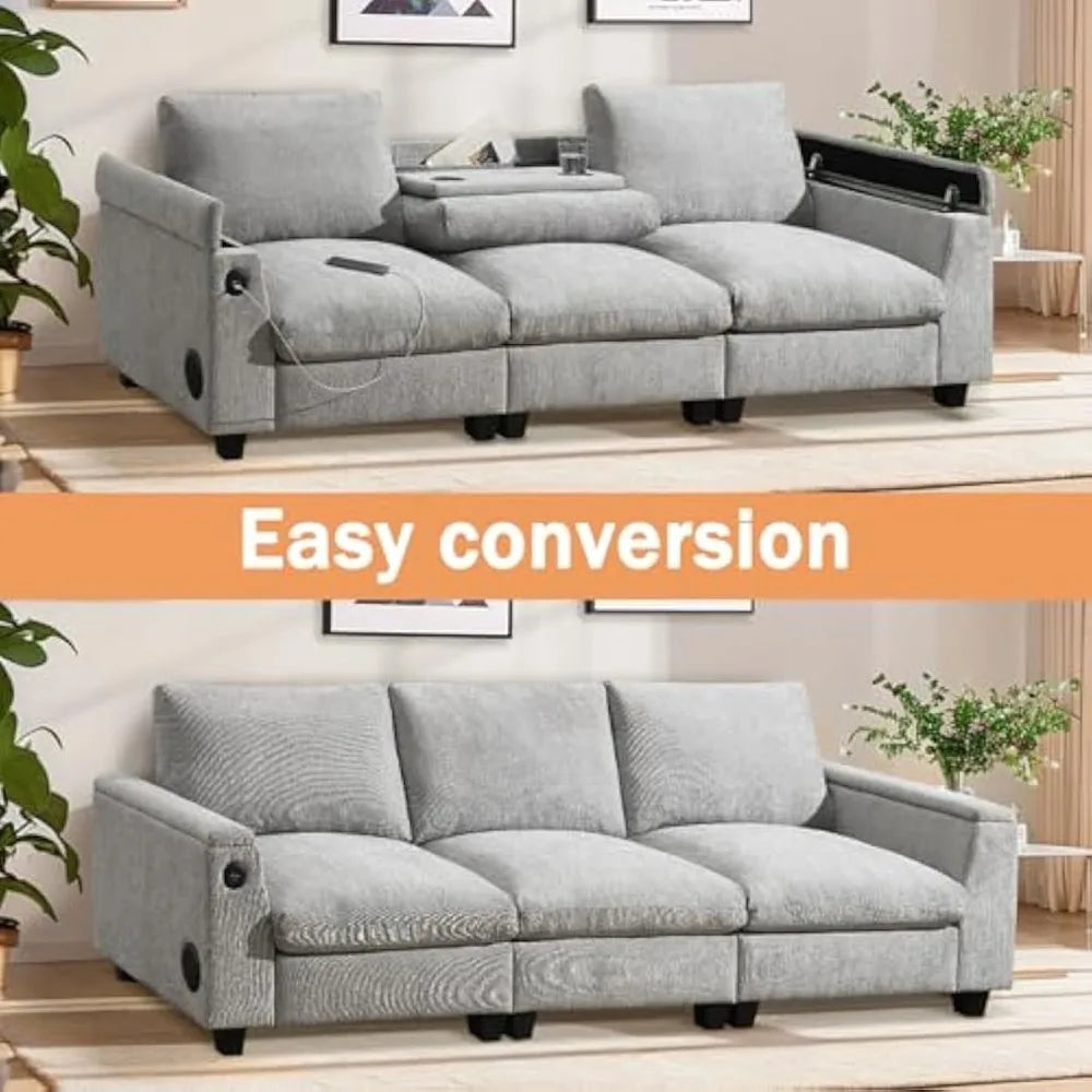 96'' Sectional Sofa with Bluetooth Speaker, with Drop-Down Table, USB Charger, Storage Armrest, Comfortable Cloud Couch