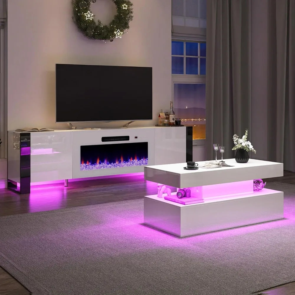 3-Piece Modern Living Room Table Sets, 80" Modern LED TV Stand with 40" Electric Fireplace, High Gloss Coffee Tables for Living