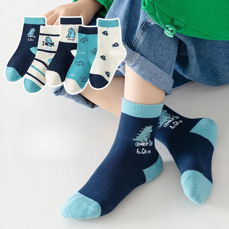 Kids' Socks 5 Pairs/lot Soft Cotton Thin Socks Spring Autumn Cotton Socks Medium Little Boys Crew Sock Baby Cartoon Pattern