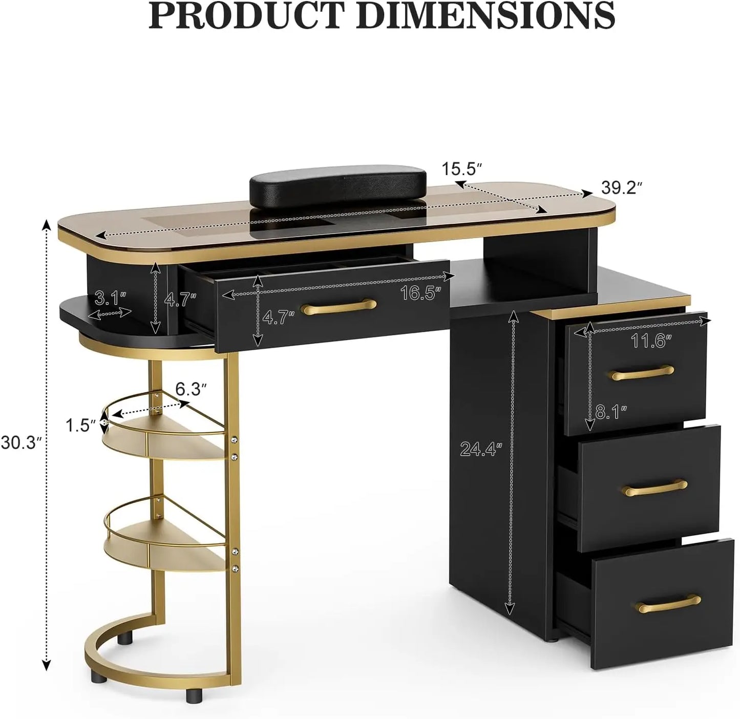 Manicure Table for Nail Tech, Glass Top Nail Desk Station w/4 Drawers & 2-Tier Storage Shelves, Salon Beauty Workstation