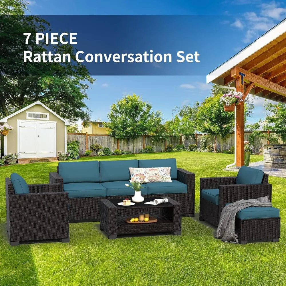 7 Piece Patio Furniture Set, Wicker Outdoor Sectional Sofa with Washable Cushion Covers and Tempered Glass Table, Rattan Convers