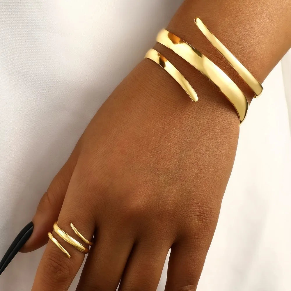 2 Pcs Set Gold Color Spiral Multilayer Bracelet Ring Jewelry Sets Gift
