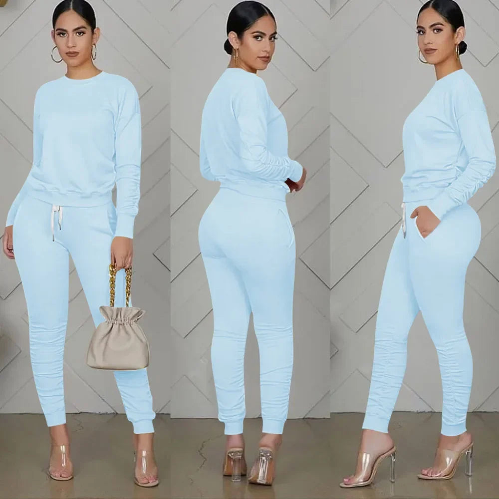 New round Neck Long Sleeve Slim Fit Warm Top Elastic Waistband Lace-up Trousers Simple Solid Color Sports Two-Piece Set